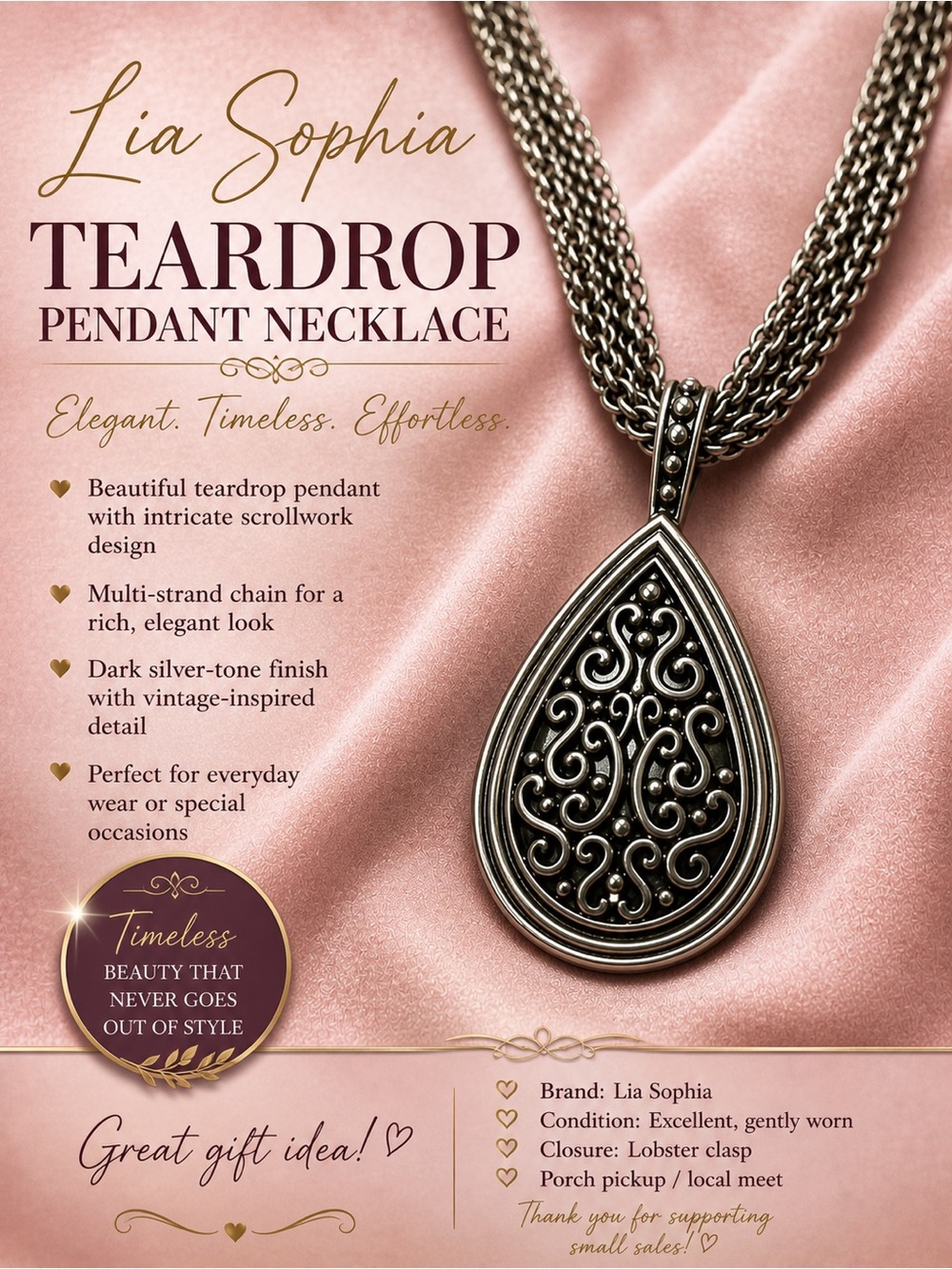Lia Sophia Dark Silver Teardrop Scrollwork Necklace